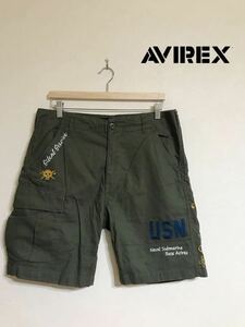 【美品】 AVIREX U.S.A アヴィレックス ミリタリー ハーフパンツ カーゴパンツ 刺繍 サイズL グリーン