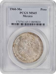 1円スタート!★PCGS MS65★1960年 メキシコ 1ペソ 銀貨★アンティーク コイン