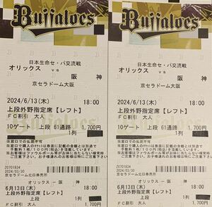 【1列目 送料無料 】6月13日(木) オリックスvs阪神18時 京セラ 上段外野指定席レフト1列目500番台2連番