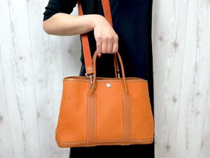 極美品 HERMES エルメス ガーデンパーティ TPM トートバッグ ショルダーバッグ バッグ トワルオフィシエ×レザー オレンジ 72614