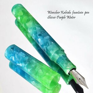 ◆●【WANCHER/ワンチャー】10周年記念 カレイド 万年筆 ”Purple Watar” 紫水 12面体 天冠:真鍮 F 細字 1円～ 緑青 新品 /WA282BR-GR2