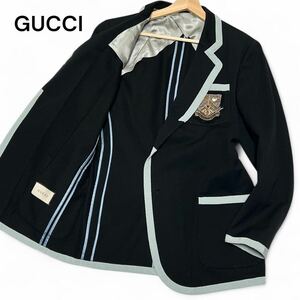 美麗品◎XLサイズ!!グッチ【2021SS 現行モデル】GUCCI エンブレム ワッペン ジャケット ブレザー ブラック シェリーライン ウール◎メンズ