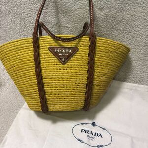 新品 未使用 正規店購入 プラダ カゴバック ストローxレザー カゴハンドバッグ PRADA ハンドバッグ イエロー 黄色 かごバッグ カゴバッグ