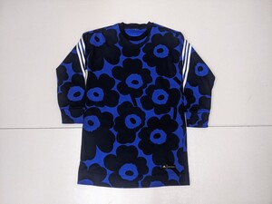 3．マリメッコ アディダス コラボ 総柄 花柄 スリーストライプ サイドライン スウェット ワンピース Marimekko レディースL相当 青黒y904