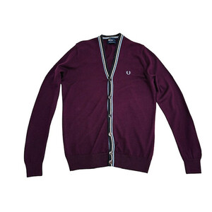 中古 フレッドペリー FRED PERRY カーディガン クリーニング済み ライン入り バーガンディ メンズ Mサイズ