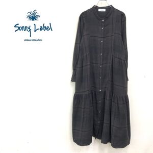 1O2768-K◆インド製 SONNYLABEL サニーレーベル 長袖ロングワンピース◆sizeFree ダークブラウン チェック柄 バンドカラー 薄手 レディース