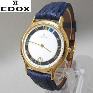 ★EDOX スリム 2トーンダイヤル クォーツ 腕時計 71129 デイト ゴールド エドックス★