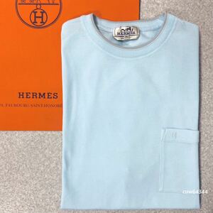 完全正規品 2024現行 新品未使用 XL Hermes エルメス サドルステッチ 半袖 Tシャツ Hロゴ ポケット ライトブルー ブランドタグ