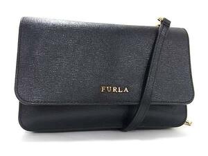 1円 ■美品■ FURLA フルラ リーヴァ レザー ショルダーウォレット ミニバッグ 長財布 レディース ブラック系 FB8862