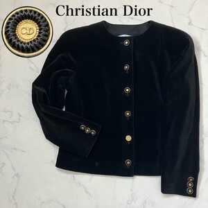 Christian Diorクリスチャンディオールベロア　ノーカラージャケット　金色ボタン　ブラック