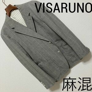 良品◆VISARUNO ビサルノ◆グランチェック 麻混 リネン ジャケット BM グレー テーラード ハンドステッチ パッチポケット ストレッチ