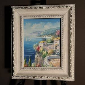 手書き油絵 地中海の風景 額付 絵画 インテリア 油彩画
