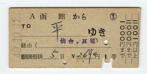 ☆国鉄　函館から平ゆき　１等　補充片道券　S４０年☆