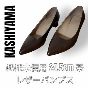 ほぼ未使用　KASHIYAMA カシヤマ　パンプス　ブラウン　レザー　24.5cm 茶色　チャンキーヒール　太ヒール　ポインテッド