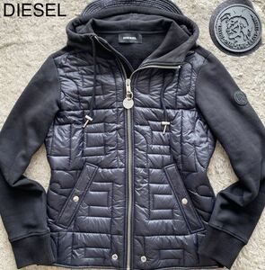 極美品●DIESEL ディーゼル エンボスジャケット パーカー ブルゾン 中綿ナイロン切替 ロゴワッペン ジップ 黒 ブラック M〜Lサイズ相当