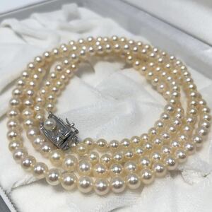 【極美品】アコヤ真珠 4-5mm 39cm クリーム 2連ネックレス 本真珠 アクセサリー SILVER pearl あこや パール