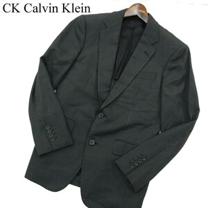 CK Calvin Klein カルバンクライン 通年 背抜き 絹 シルク混★ ストライプ アンコン テーラード ジャケット Sz.34 メンズ 黒　A3T09597_8#O
