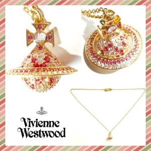 ● Vivienne Westwood ヴィヴィアンウエストウッド ネックレス ゴールド 新品 立体 ラインストーン 白 ピンク ロゴ