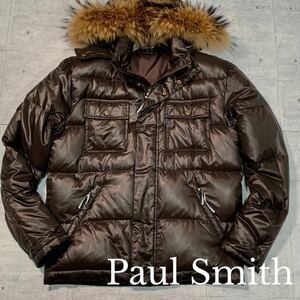 極美品/Lサイズ●Paul Smith ポールスミス 脱着式リアルラクーンファー ダウンジャケット ダークブラウン 濃茶