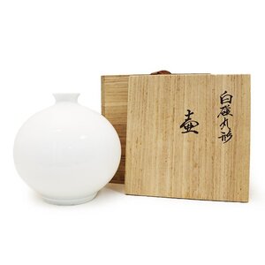 【骨董品】井上萬二(いのうえまんじ) 白磁丸型壷 高さ:約18.5cm 人間国宝 陶器 焼物 工芸品 花瓶 花器 ホワイト 古美術 共箱 栞 送料880円