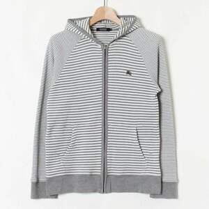 BURBERRY BLACK LABEL バーバリーブラックレーベル サイズ2 ラグラン ワッフル ジップアップパーカー ボーダー ホワイト/グレー メンズ