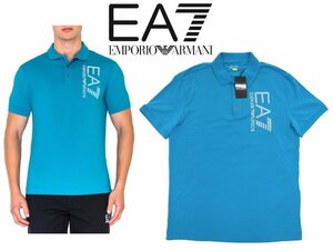 4万新品◆L◆【EMPORIOアルマーニ EA7】Tシャツ地ストレッチ ロゴ入りポロシャツ ブルー青 1円