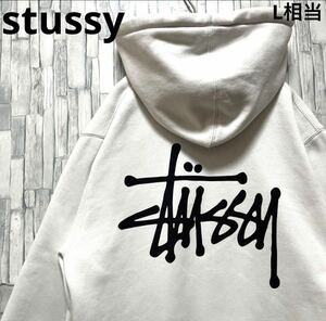 stussy ステューシー 長袖 プルオーバー パーカー スウェット デカロゴ サイズM ホワイト フーディ ショーンフォント 裏起毛 送料無料