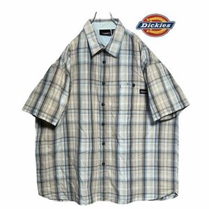 ★ネコポス可★ Dickies 半袖シャツ 2XL ライトブラウン系チェック柄 ピスネーム クリーニング プレス済み ディッキーズ 古着 USED 0744