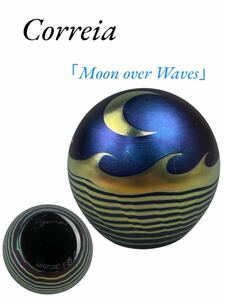 Correia ガラス工芸 ペーパーウェイト 『 Moon over Waves 』 波と月 ガラス製 インテリア オブジェ 金彩 サイン有