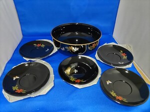 即決価格 6点セット【未使用】ハナエ モリ 黒漆器 茶菓器 茶托セット 森 英恵 外箱付 同梱可能