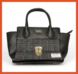 2616●HK WORKS LONDON×HARRIS TWEED エイチケー ワークスロンドン×ハリスツイード●レザー×ウール ハンドバッグ ブラック×グレー