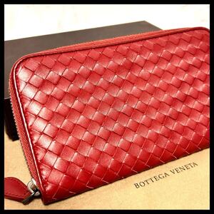 ★【ほぼ新品！鑑定済み！】BOTTEGA VENETA ボッテガヴェネタ イントレチャート 長財布 ラウンドファスナー　レッド　定価7.8万 442