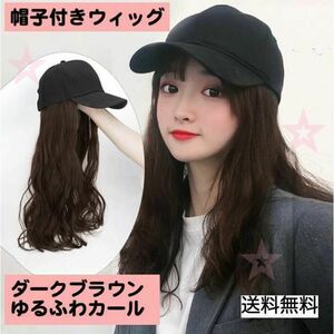 276　エクステ ウィッグ 帽子付き ダークブラウン ゆるふわカール wig 　変装　女装　かつら　コスプレ　お手軽変身　自然