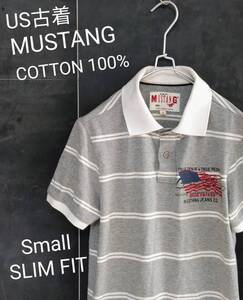 ★送料無料★ ＵＳ古着 MUSTANG ボーダーポロシャツ ムスタング ポロシャツ グレー Small SLIMFIT