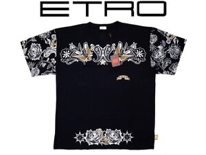 14万新品◆XL◆【ETRO】エトロ◆イタリア製 ローズ＆ペイズリー柄 プリントTシャツ 黒ブラック 1円