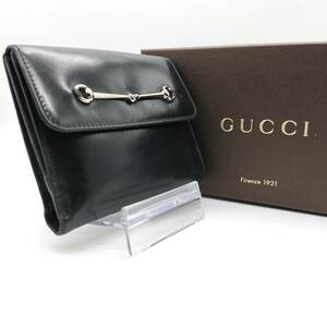 時代を超えるエレガンス★　GUCCI グッチ　二つ折り財布 ホースビット Wホック エナメルレザー マット仕上げ ウォレット コインケース　黒