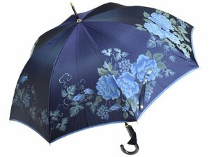 傘 レディース 長傘 槙田商店 絵おり ジャガード 薔薇と葡萄 バラとブドウ ネイビー 8本骨 雨傘 晴雨兼用 UVカット 日本製