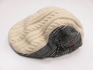 アーノルドパーマー　ハンチング　帽子　ニット　ケーブル編み　ポイント刺繍　白　グレー　チェック柄