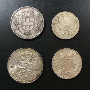 スイス5フラン銀貨1935年 オーストリア10シリング銀貨1958年 オランダ21/2グルデン銀貨 1961年 ドイツ5マルク銀貨1963時 4枚まとめ 27-29