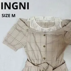 【イング】ワンピース　ベージュチェック　リボン付　M　INGNI 0163