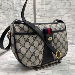 【美品】GUCCI オールドグッチ メンズ ショルダーバッグ ポシェット 斜め掛け シェリーライン GGスプリーム PVC レザー 本革 ベージュ