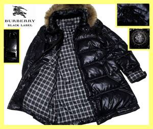 大人気 L 美品 バーバリーブラックレーベル BURBERRY BLACK LABEL ホース刺繍 裏地ノバチェックデザイン 毛皮 3WAY ロングダウンコート