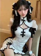 セクシー チャイナドレス ミニスカート 半袖 白黒 中華 地雷 コスプレ ハロウィン フリーサイズ