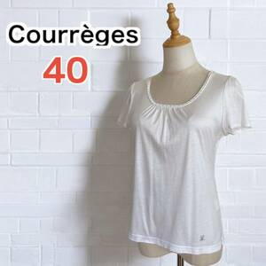 【美品】Courreges クレージュ ラインストーン ロゴ 無地 半袖カットソー トップス Tシャツ ホワイト 白 Uネック 40サイズ L