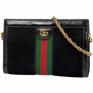 グッチ GUCCI オフィディア スモール チェーンショルダーバッグ シェリーライン ウェブ スエード ブラック 503877 レディース 【中古】