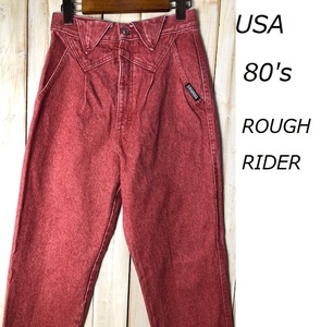 USA古着 80s～ USA製 タック入り デザインカラーデニムパンツ 赤 7/8 ROUGHRIDER 42TALON ユニセックス ワイドテーパード ●28