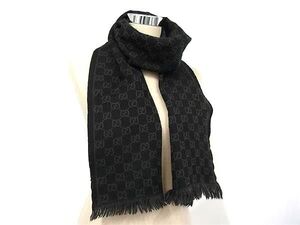 1円 ■美品■ GUCCI グッチ GG柄 ウール100% フリンジ マフラー ストール 防寒具 メンズ レディース ダークグレー系 FA6422