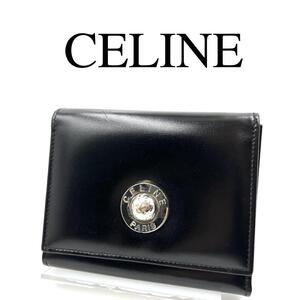 CELINE セリーヌ 折り財布 スターボール ロゴ金具 ブラック レザー