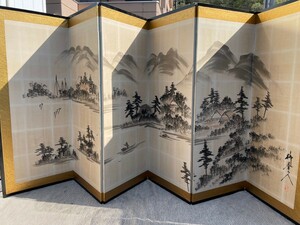 【倉庫整理品】ジャンクパーテーション② 水墨画衝立　在銘「峯山人」　落款有り　検:屏風　古民具　和室　訳あり　古美術　日本画　風景画