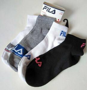 FILA フィラ グレー×白黒グレー ロゴ入クォーターソックス 新品4足組 25/26/27cm 送料無料